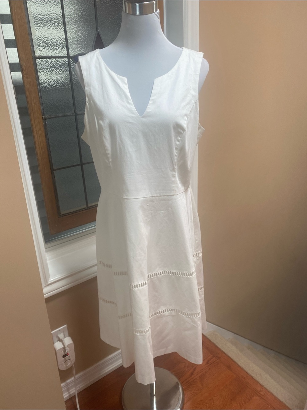 White Sleeveless V-Notch A-Line Dress with eyelet detail in skirt